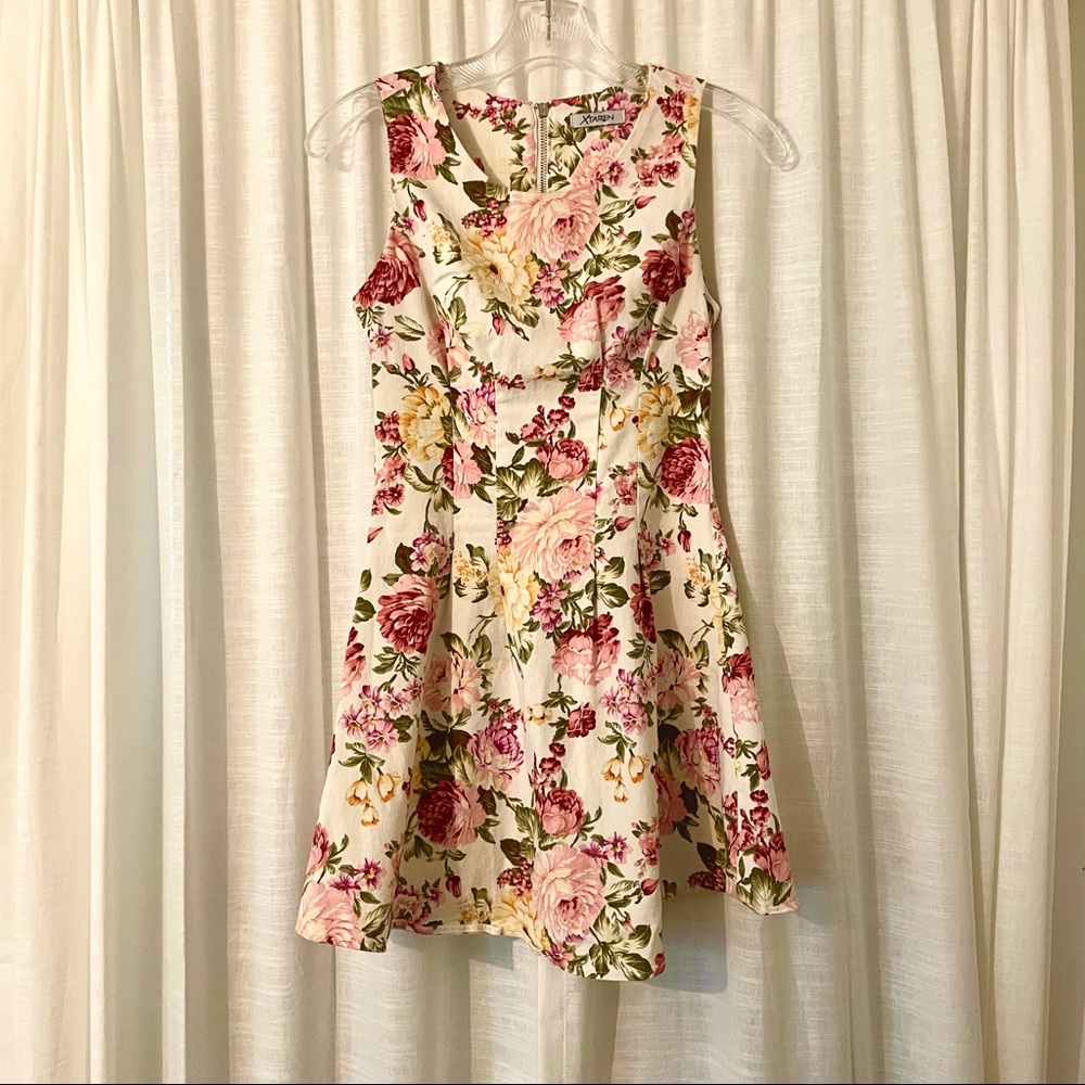 Pink and Yellow Floral Print Dress - Small